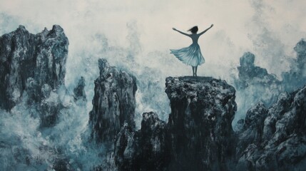A silhouette of a woman stands on a rocky cliff with her arms raised, surrounded by dramatic cliffs and clouds, symbolizing freedom, strength, and exploration in nature.