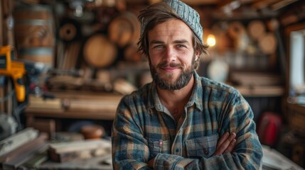 Obraz premium Young male carpenter smiling confidently in rustic workshop setting