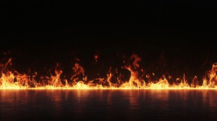 This striking image features a line of intense fire on the ground, with the flames reflecting light against a dark background, enhancing the dramatic and powerful visual effect.