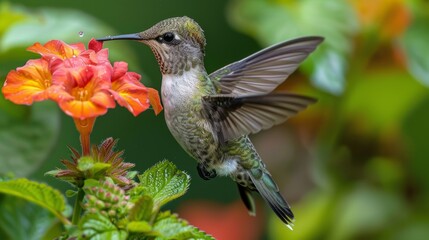 Fototapeta premium Ruby-throated hummingbird sipping nectar from vibrant flower in garden