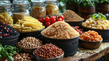Assortment of raw cereals grains pasta and canned ingredients on a table