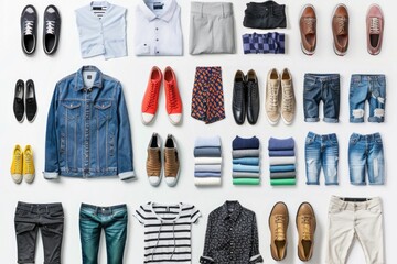 Variety of men's clothing and shoes arranged on a white surface for display or styling