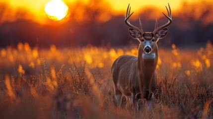 Silhouette of majestic whitetail deer buck at sunset in Texas field