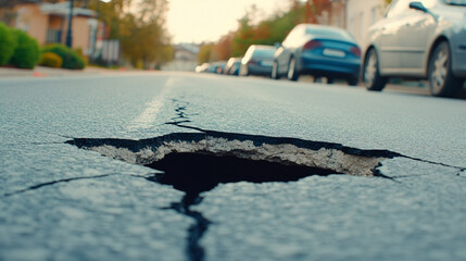 hole in an asphalt road with sunlight streaming through highlights the urgent need for road repairs, symbolizing both vulnerability and the importance of infrastructure maintenance
