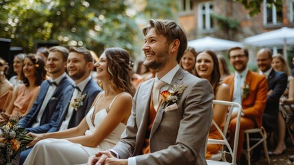 Guests are seated in a lovely garden, joyfully observing the wedding ceremony, sharing smiles and laughter as they celebrate love