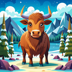 Brown Cow or Yak Amid Snowy Landscape art vector illustration