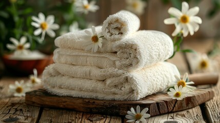 Relaxing spa towels with flowers on a wooden surface