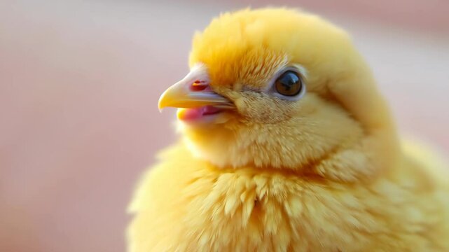 Fluffy yellow chick with small beak and round eyes, standing on straw