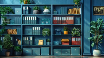 Organized office supplies and paperwork on shelves with green plants