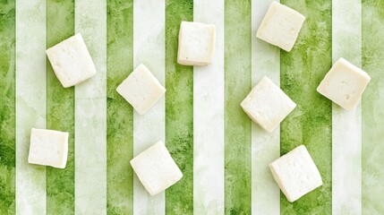 Top view of assorted white sugar cubes on a green and white striped background, arranged in a visually pleasing pattern.