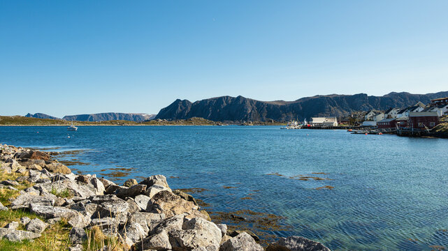 view of the village of Gjesvaer during a sunny spring day, north Cape, mageroya island, Norway