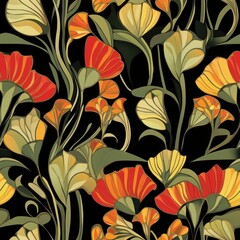 Elegant Vintage Floral Pattern with Vibrant Tulips and Foliage