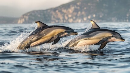 Obraz premium Two dolphins leaping from the ocean's surface