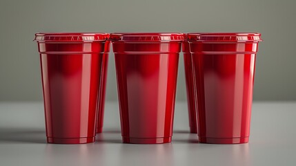 Close-up of red plastic cups arranged for party games