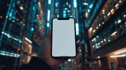 A person is holding a smartphone with a blank screen against a backdrop of a brightly lit modern cityscape at night, featuring tall buildings and an urban atmosphere.