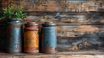 Naklejka premium Aged tin cans with rustic charm on wooden backdrop