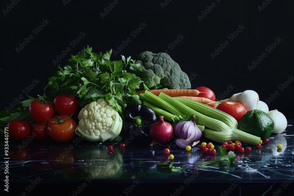 Poster Fresh vegetables arranged on a table for display or cooking