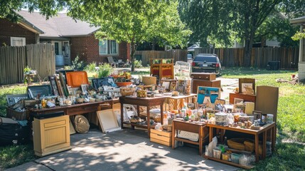 Yard sale setup with various household items