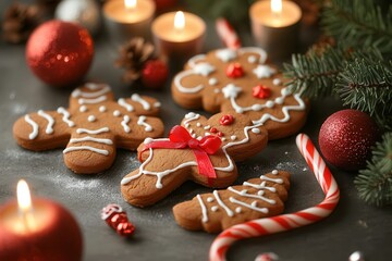 Gingerbread cookies with red and white ribbon, surrounded by candy canes, Christmas decor.