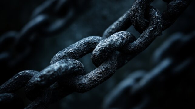 A detailed close-up of interlinked metal chains against a dark, moody backdrop represents strength, connection, and resilience, symbolizing unbreakable bonds and solidarity.