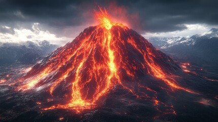 A powerful erupting volcano with molten lava flowing down its sides under a dark sky, depicting nature's raw power and destructive beauty in a dramatic and captivating manner.