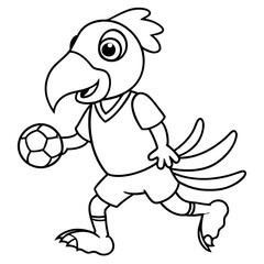 Playful Parrot Kicking a Football line art vector illustration