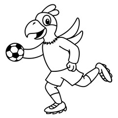 Playful Parrot Kicking a Football line art vector illustration