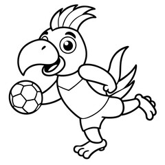 Playful Parrot Kicking a Football line art vector illustration