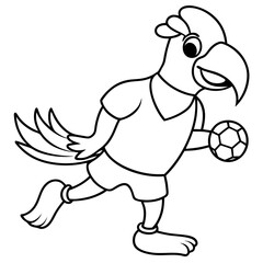 Playful Parrot Kicking a Football line art vector illustration