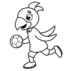 Playful Parrot Kicking a Football line art vector illustration