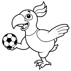 Playful Parrot Kicking a Football line art vector illustration