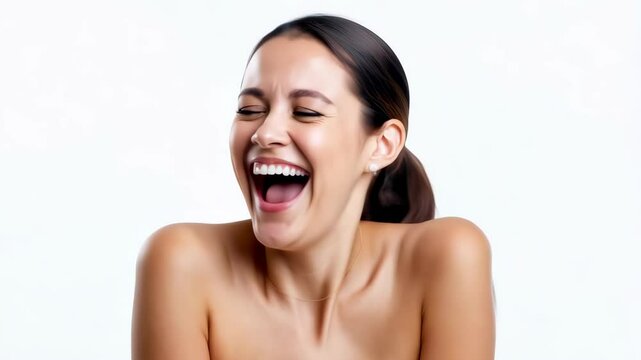 Young Caucasian woman giggling on plain white background