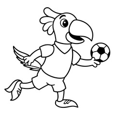 Playful Parrot Kicking a Football line art vector illustration