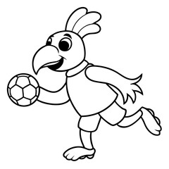 Playful Parrot Kicking a Football line art vector illustration