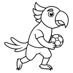 Playful Parrot Kicking a Football line art vector illustration