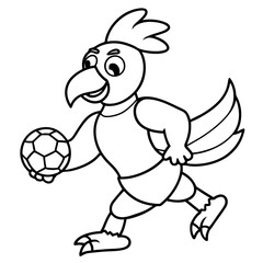 Playful Parrot Kicking a Football line art vector illustration