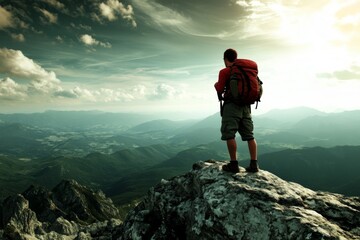A hiker in a red jacket stands atop a rocky mountain peak, gazing at the expansive and breathtaking landscape that stretches out with distant mountains under a dynamic sky.
