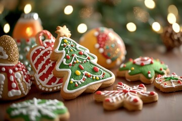 Obraz premium Gingerbread cookies with Christmas decorations on a festive colored background.