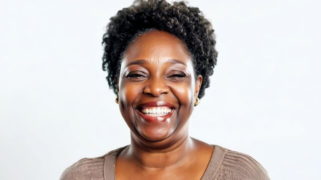 Middle-aged African American woman giggling on plain white background