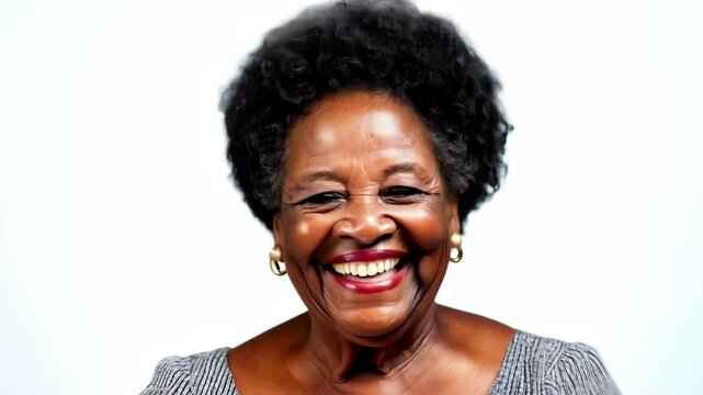 Elderly black woman with joyful smile giggling on plain white background