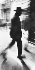 The image captures a man in a black suit and hat walking away from the camera, with a blurry black-and-white effect that conveys a sense of motion and mystery.