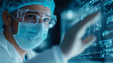 A medical expert wearing a surgical mask, manipulating a transparent digital panel displaying complex medical data and AI algorithms, in a sleek, high-tech lab environment, medical