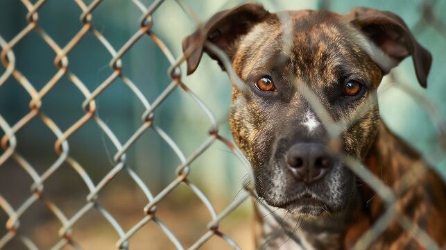 A dog looks sadly out from behind a chain link fence.