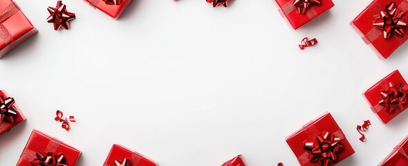 Fototapeta na wymiar Red gift boxes and bows form an elegant Christmas border on a white background.