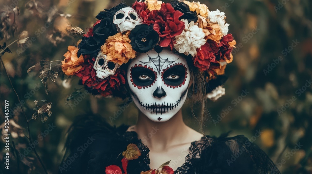 Canvas Prints A woman with a skull face painted in flowers and leaves, AI