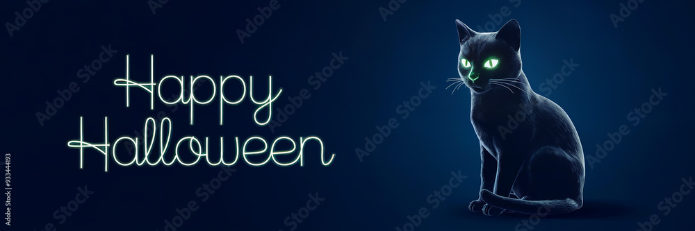 Wall mural horror cat with happy halloween text isolated on plain background