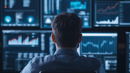 Fototapeta premium A business person surrounded by floating digital interfaces showcasing various analytics dashboards, focusing on trends and performance indicators, set in a modern workspace, busin