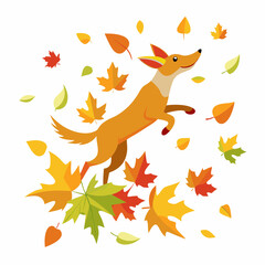 Dog Leaping Through Autumn Leaves - A Playful Dog Amidst a Whirlwind of Colorful Fall Foliage on a White Background art vector illustration