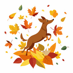 Obraz premium Dog Leaping Through Autumn Leaves - A Playful Dog Amidst a Whirlwind of Colorful Fall Foliage on a White Background art vector illustration