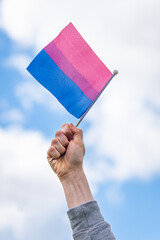 Hand holds up bisexual pride flag against the sky